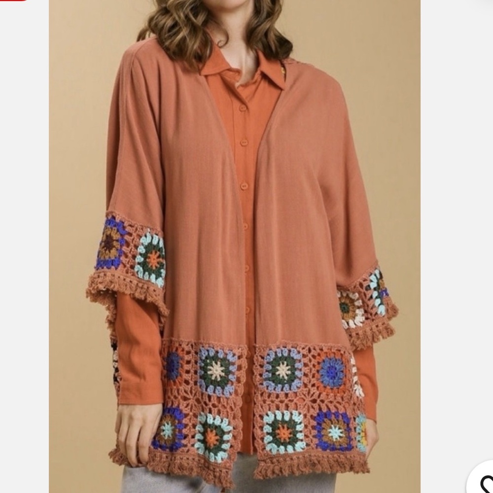 Umgee Terracotta Kimono Open Front Crochet Linen Blend New